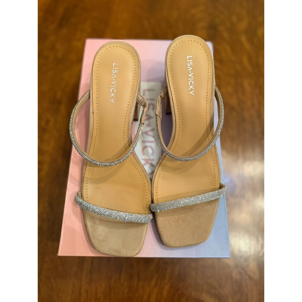 NWT Lisa Vicky Rhinestone Two Strap Block Heel Sandals Nude Size 8 - Picture 6 of 7